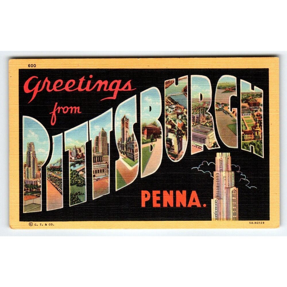 Greeting From Pittsburgh Pennsylvania Large Letter Postcard Yellow Border Linen